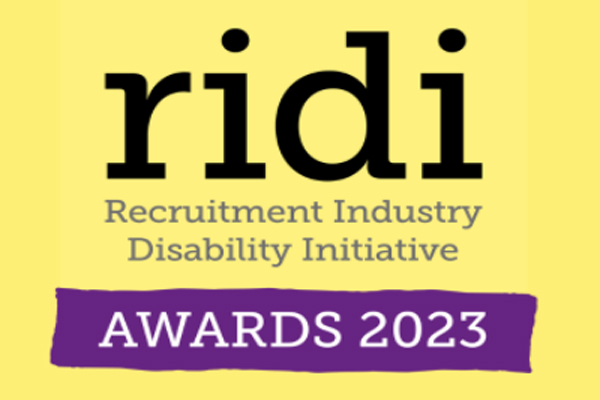 Yellow background with text reading "RIDI recruitment industry disability initiative awards 2023"